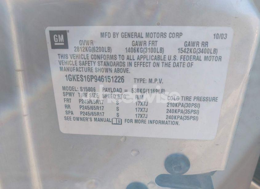 Photo 9 of 2004 Gmc Envoy XL SLT (VIN 1GKES16P946151226)