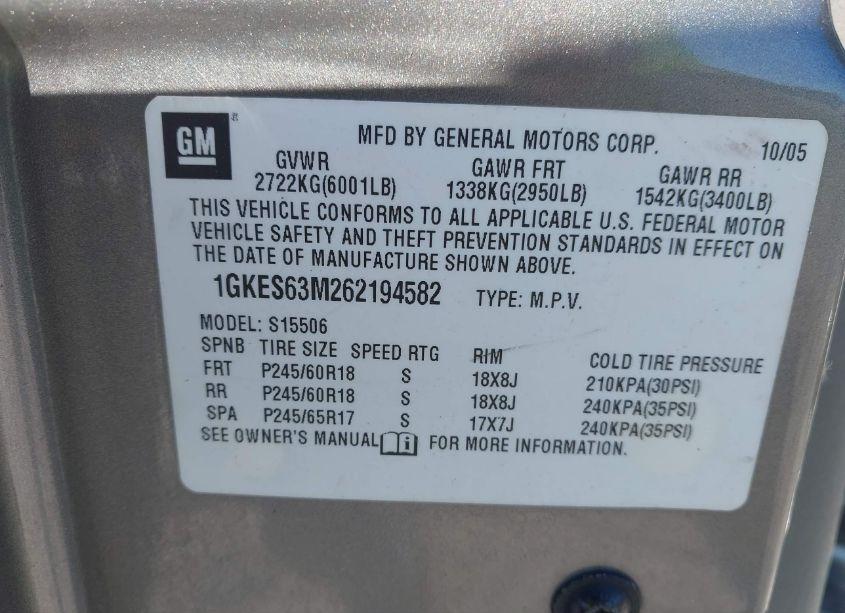 Photo 9 of 2006 Gmc Envoy DENALI (VIN 1GKES63M262194582)