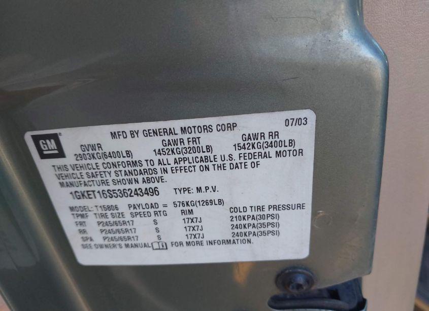 Photo 9 of 2003 Gmc Envoy XL SLT (VIN 1GKET16S536243496)