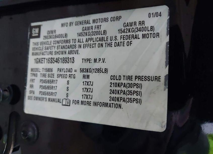 Photo 9 of 2004 Gmc Envoy XL SLT (VIN 1GKET16S546189313)