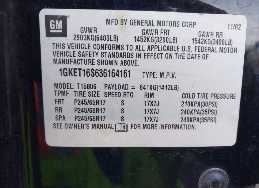 Photo 9 of 2003 Gmc Envoy XL SLE (VIN 1GKET16S636164161)