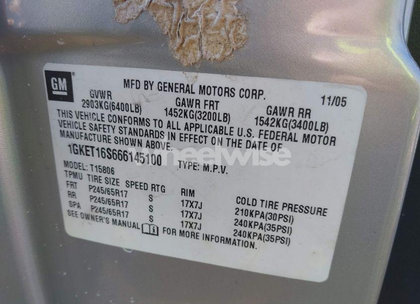 Photo 9 of 2006 Gmc Envoy XL SLE (VIN 1GKET16S666145100)