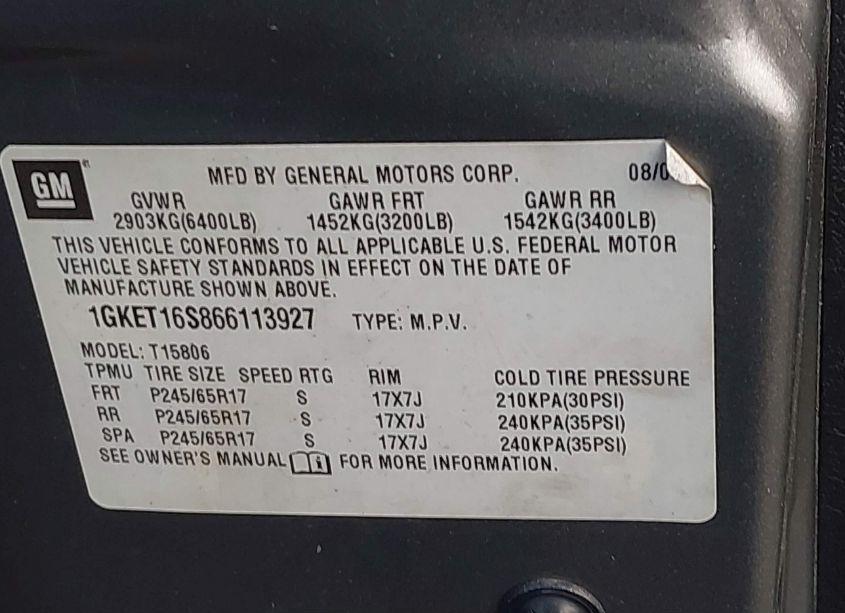 Photo 9 of 2006 Gmc Envoy XL SLT (VIN 1GKET16S866113927)