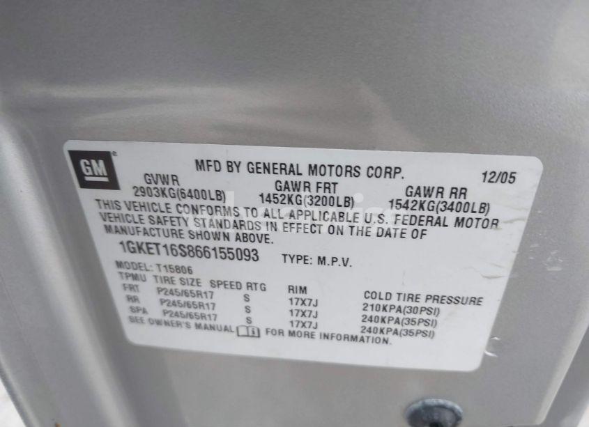 Photo 9 of 2006 Gmc Envoy XL SLE (VIN 1GKET16S866155093)