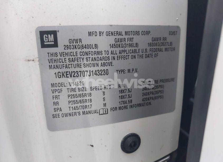 Photo 9 of 2007 Gmc Acadia SLT-1 (VIN 1GKEV23707J143230)