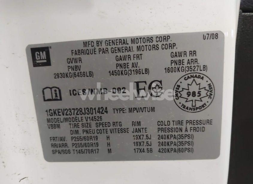 Photo 9 of 2008 Gmc Acadia SLT-1 (VIN 1GKEV23728J301424)