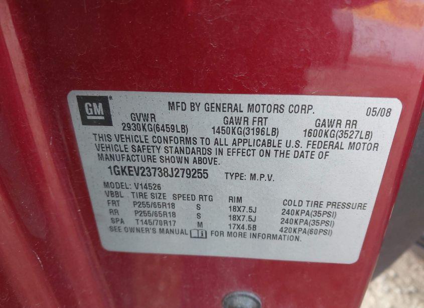 Photo 9 of 2008 Gmc Acadia SLT-1 (VIN 1GKEV23738J279255)