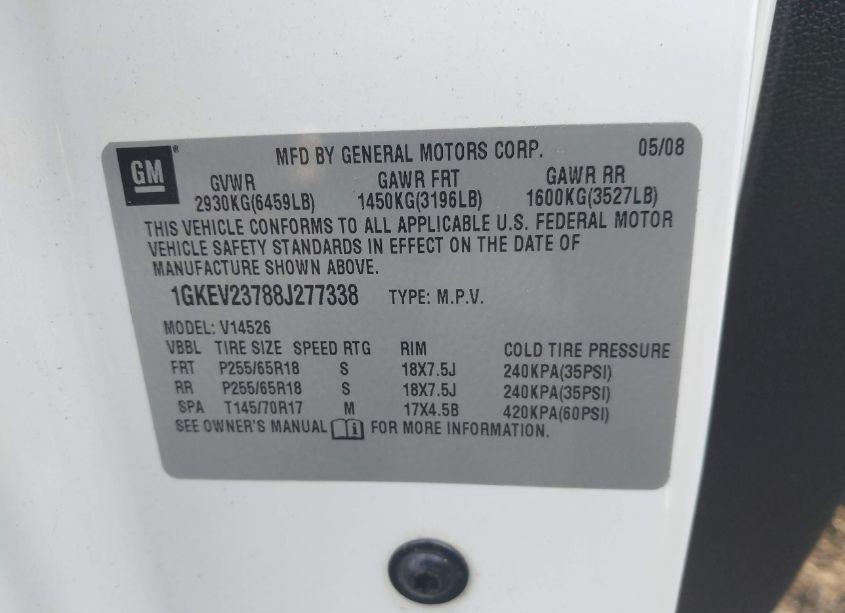 Photo 9 of 2008 Gmc Acadia SLT-1 (VIN 1GKEV23788J277338)