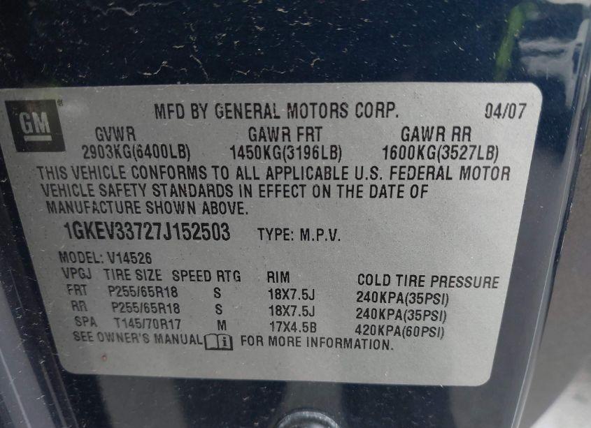 Photo 9 of 2007 Gmc Acadia SLT-1 (VIN 1GKEV33727J152503)