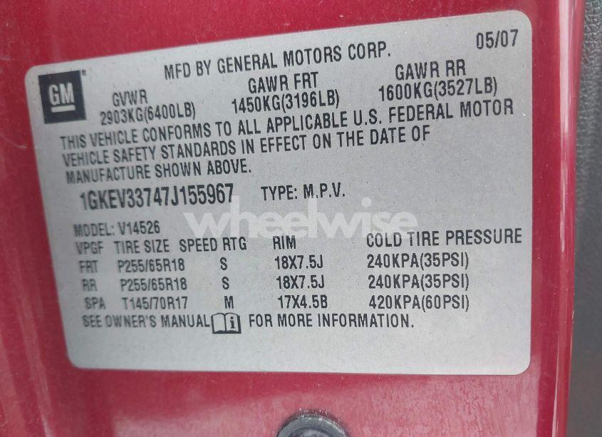 Photo 9 of 2007 Gmc Acadia SLT-1 (VIN 1GKEV33747J155967)