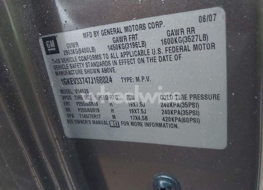 Photo 9 of 2007 Gmc Acadia SLT-1 (VIN 1GKEV33747J168024)