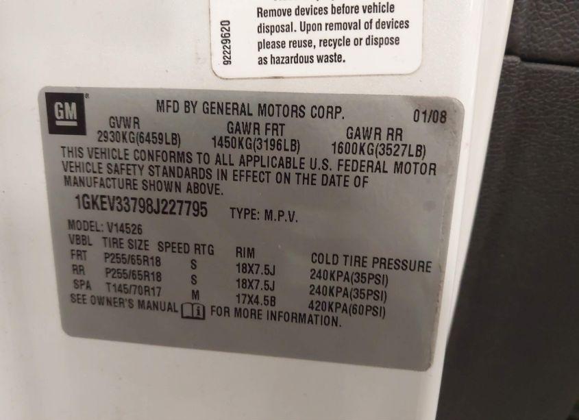 Photo 9 of 2008 Gmc Acadia SLT-2 (VIN 1GKEV33798J227795)