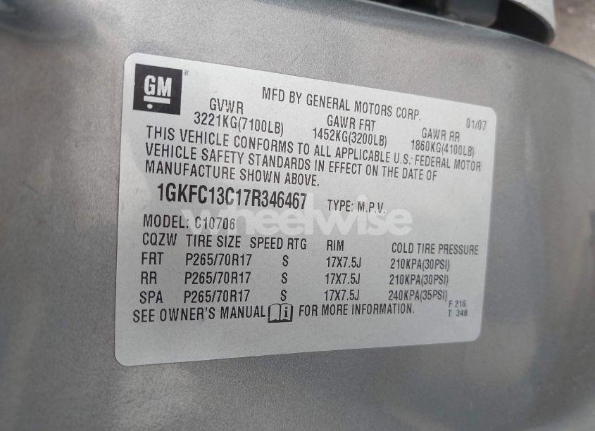 Photo 9 of 2007 Gmc Yukon SLE (VIN 1GKFC13C17R346467)