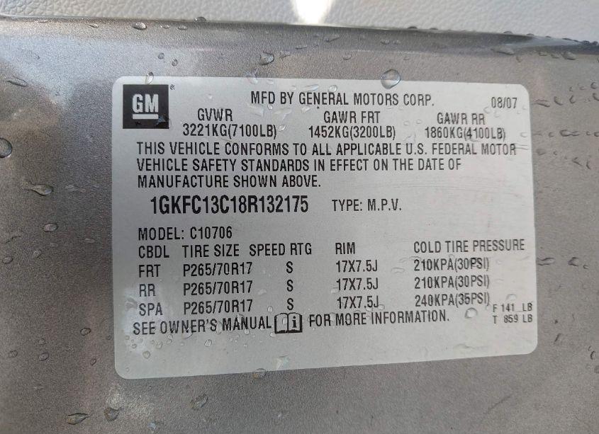 Photo 9 of 2008 Gmc Yukon SLE (VIN 1GKFC13C18R132175)
