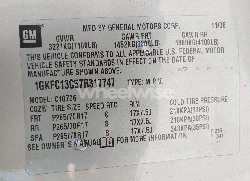 Photo 9 of 2007 Gmc Yukon SLE (VIN 1GKFC13C57R317747)