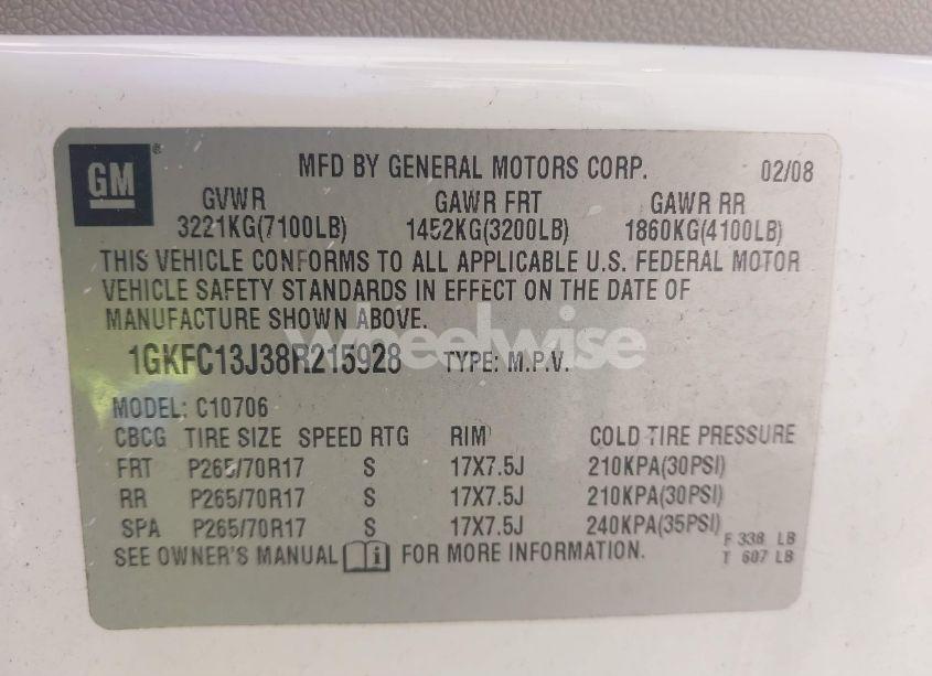 Photo 9 of 2008 Gmc Yukon SLT (VIN 1GKFC13J38R215928)
