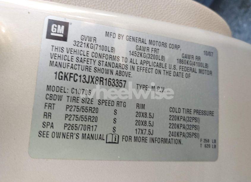 Photo 9 of 2008 Gmc Yukon SLT (VIN 1GKFC13JX8R163357)