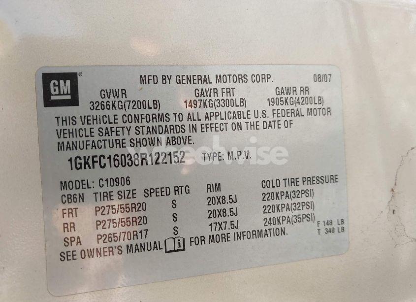 Photo 9 of 2008 Gmc Yukon XL 1500 SLT (VIN 1GKFC16038R122152)