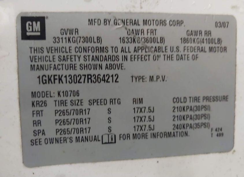 Photo 9 of 2007 Gmc Yukon SLT (VIN 1GKFK13027R364212)