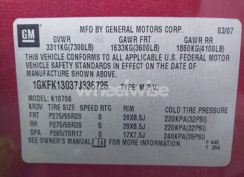 Photo 9 of 2007 Gmc Yukon SLT (VIN 1GKFK13037J336725)