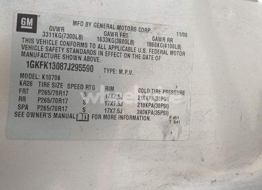 Photo 9 of 2007 Gmc Yukon SLT (VIN 1GKFK13087J295590)