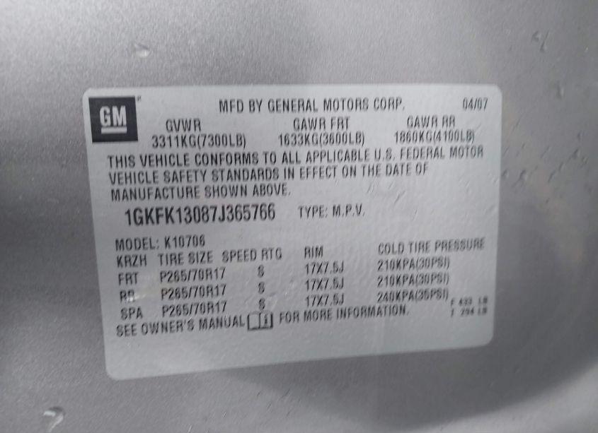 Photo 9 of 2007 Gmc Yukon SLT (VIN 1GKFK13087J365766)