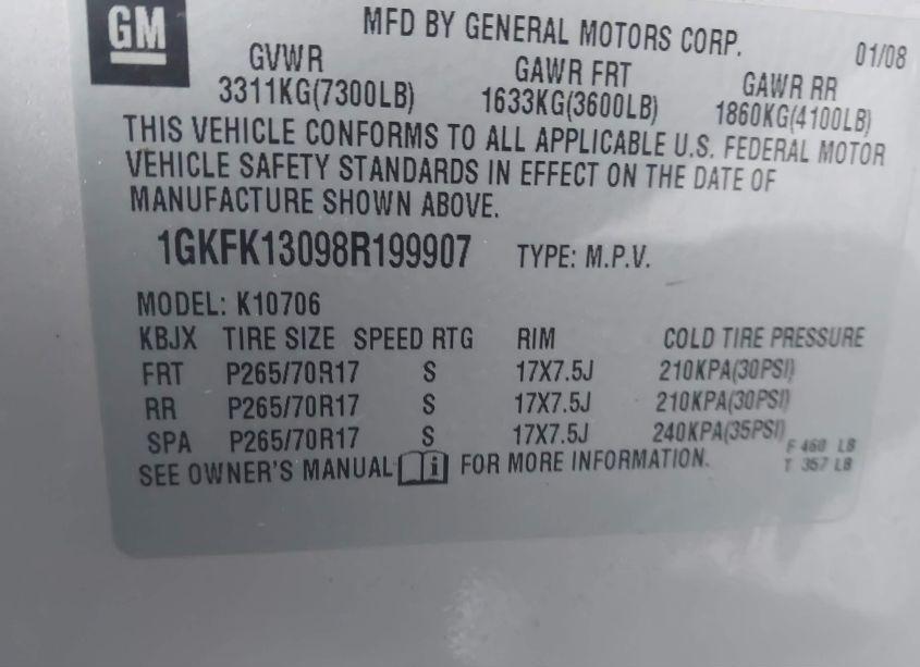 Photo 9 of 2008 Gmc Yukon SLE (VIN 1GKFK13098R199907)