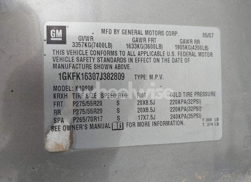 Photo 9 of 2007 Gmc Yukon XL 1500 SLT (VIN 1GKFK16307J382809)