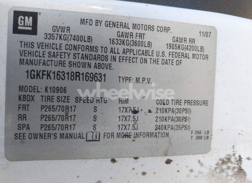 Photo 9 of 2008 Gmc Yukon XL 1500 SLT (VIN 1GKFK16318R169631)
