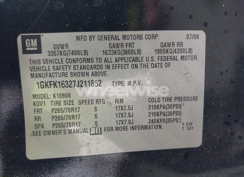 Photo 9 of 2007 Gmc Yukon XL 1500 SLE (VIN 1GKFK16327J211852)