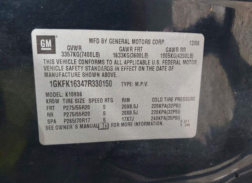 Photo 9 of 2007 Gmc Yukon XL 1500 SLT (VIN 1GKFK16347R330150)