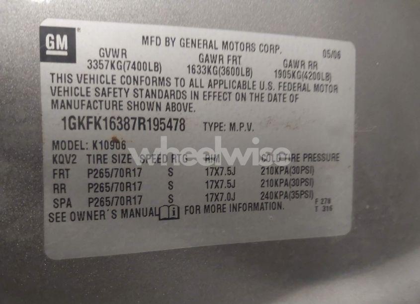 Photo 9 of 2007 Gmc Yukon XL 1500 SLT (VIN 1GKFK16387R195478)