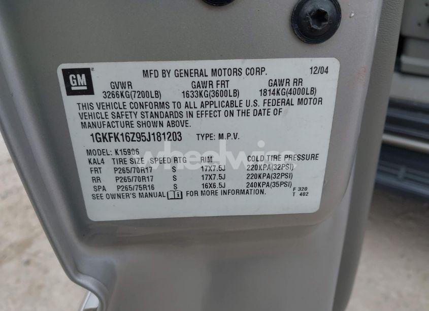 Photo 9 of 2005 Gmc Yukon XL 1500 SLT (VIN 1GKFK16Z95J181203)