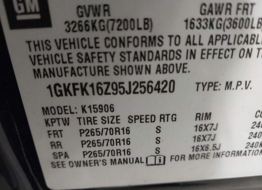 Photo 9 of 2005 Gmc Yukon XL 1500 SLE (VIN 1GKFK16Z95J256420)