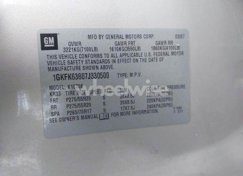 Photo 9 of 2007 Gmc Yukon DENALI (VIN 1GKFK63807J330500)