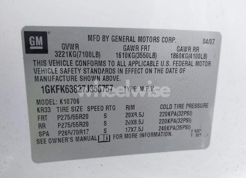 Photo 9 of 2007 Gmc Yukon DENALI (VIN 1GKFK63827J356757)