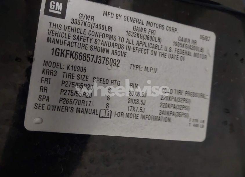 Photo 9 of 2007 Gmc Yukon XL 1500 DENALI (VIN 1GKFK66857J376092)