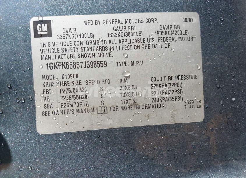 Photo 9 of 2007 Gmc Yukon XL 1500 DENALI (VIN 1GKFK66857J398559)