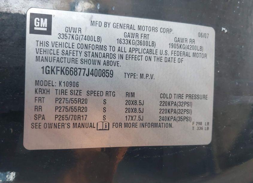 Photo 9 of 2007 Gmc Yukon XL 1500 DENALI (VIN 1GKFK66877J400859)