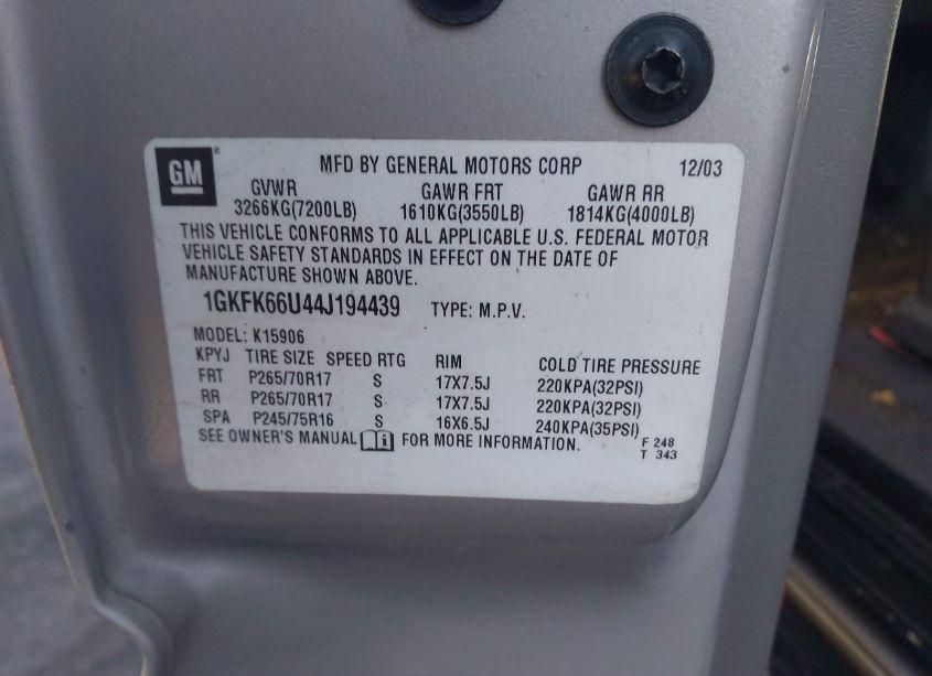 Photo 9 of 2004 Gmc Yukon XL 1500 DENALI (VIN 1GKFK66U44J194439)