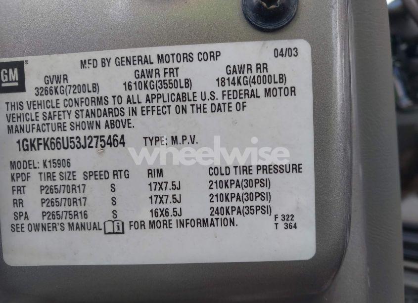 Photo 9 of 2003 Gmc Yukon XL 1500 DENALI (VIN 1GKFK66U53J275464)