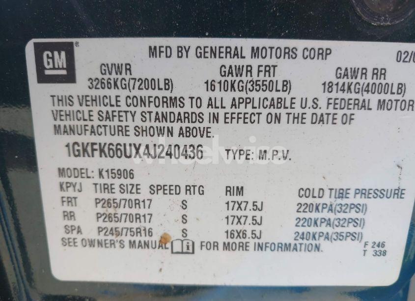 Photo 9 of 2004 Gmc Yukon XL 1500 DENALI (VIN 1GKFK66UX4J240436)