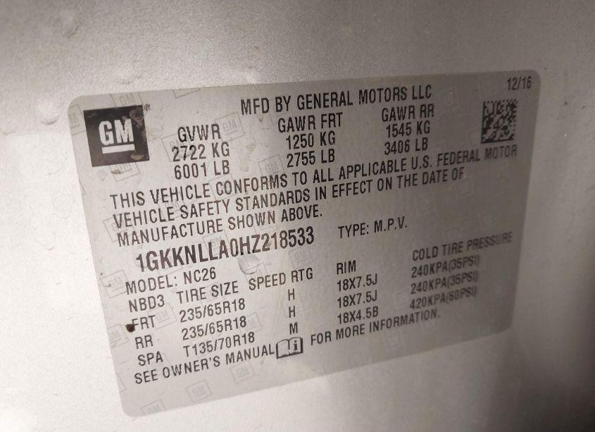 Photo 9 of 2017 Gmc Acadia SLE-2 (VIN 1GKKNLLA0HZ218533)