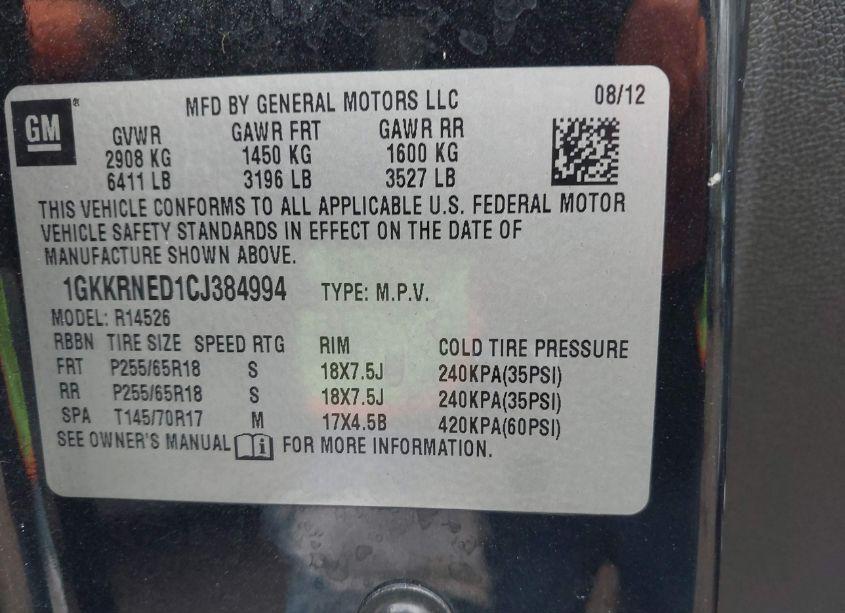 Photo 9 of 2012 Gmc Acadia SL (VIN 1GKKRNED1CJ384994)