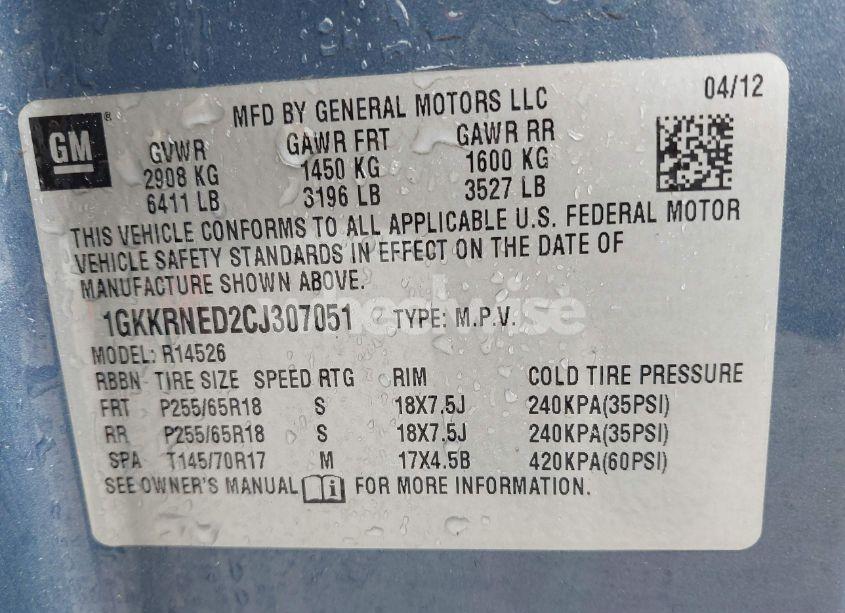 Photo 9 of 2012 Gmc Acadia SL (VIN 1GKKRNED2CJ307051)