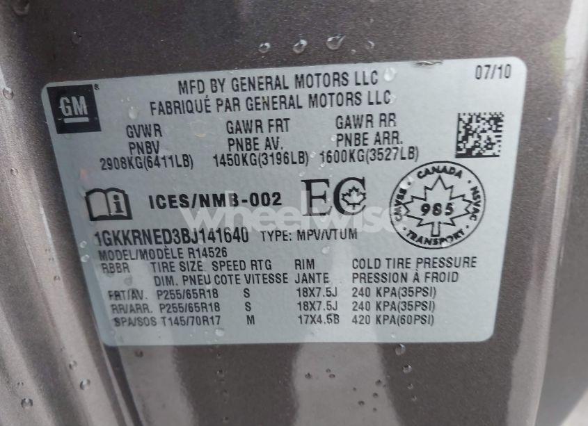 Photo 9 of 2011 Gmc Acadia SL (VIN 1GKKRNED3BJ141640)