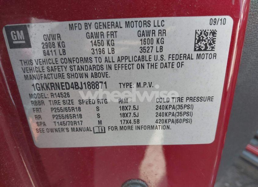 Photo 9 of 2011 Gmc Acadia SL (VIN 1GKKRNED4BJ188871)