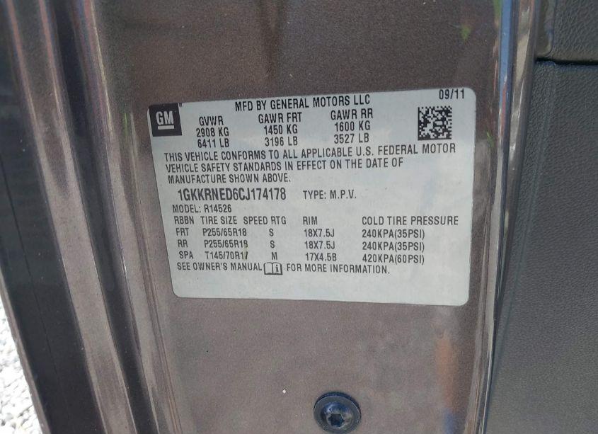 Photo 9 of 2012 Gmc Acadia SL (VIN 1GKKRNED6CJ174178)