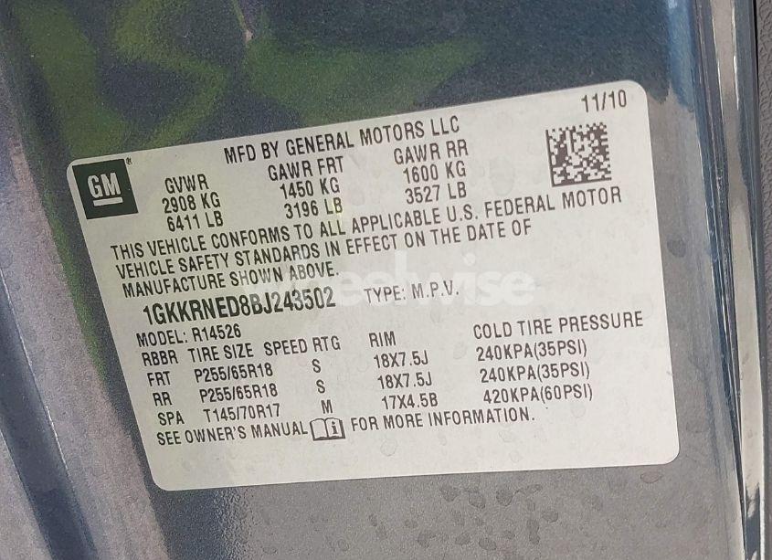 Photo 9 of 2011 Gmc Acadia SL (VIN 1GKKRNED8BJ243502)