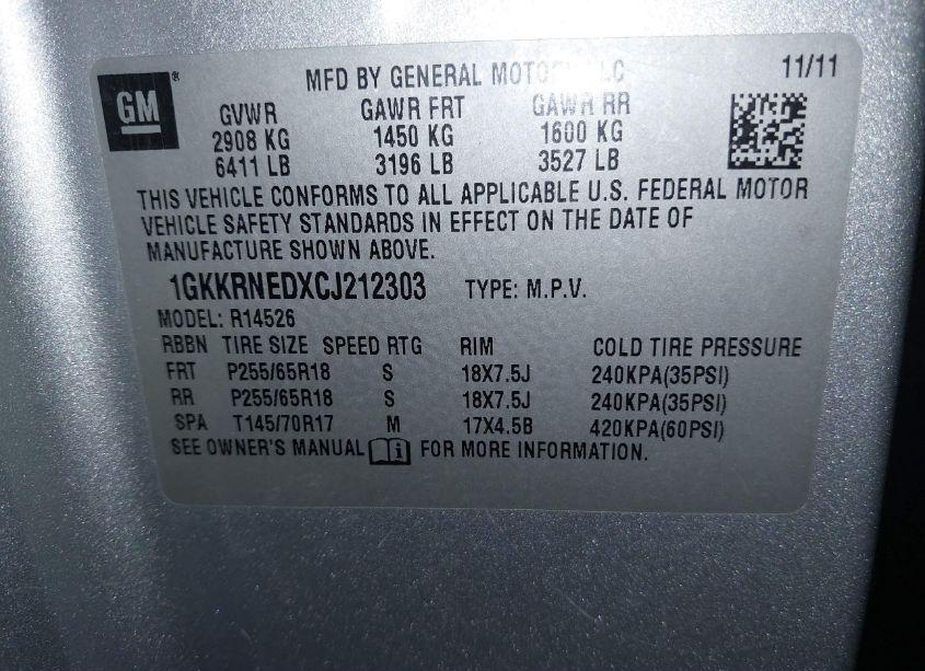 Photo 9 of 2012 Gmc Acadia SL (VIN 1GKKRNEDXCJ212303)